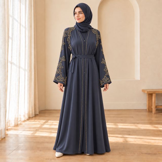 Abaya bleu ardoise et hijab assorti