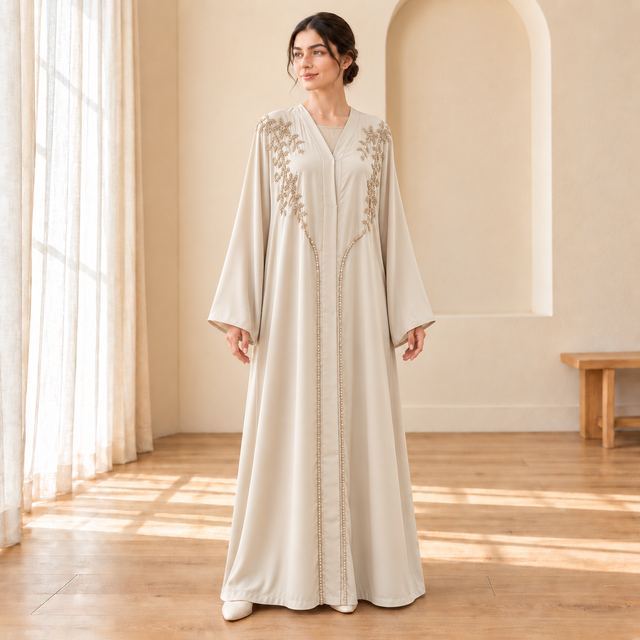 Abaya champagne à perles florales