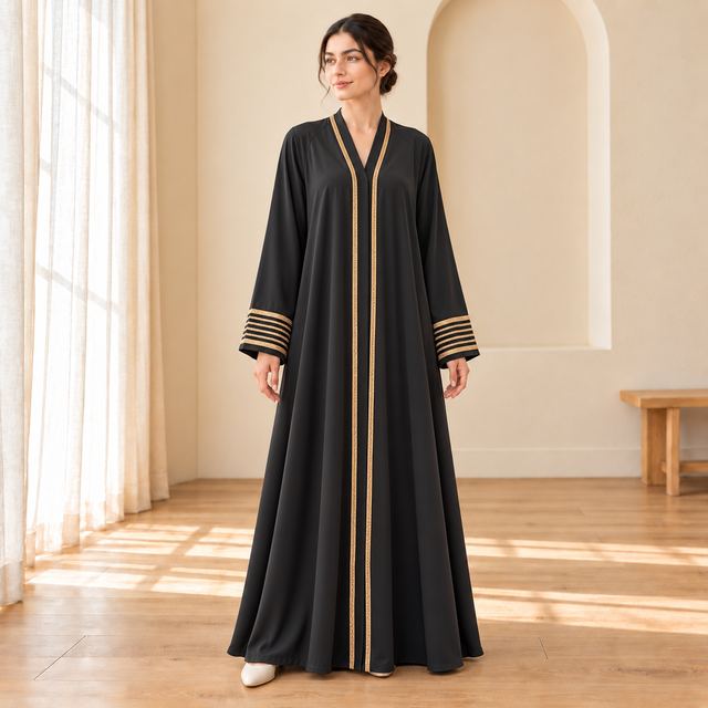 Abaya charbon aux bordures dorées