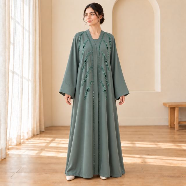 Abaya verte à motifs botaniques