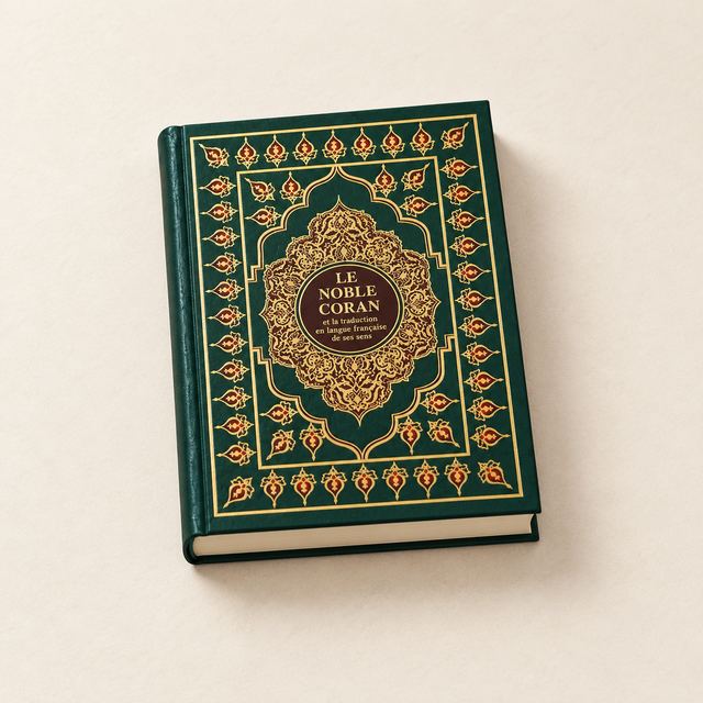 Le Noble Coran, couverture verte à motifs dorés et bordeaux