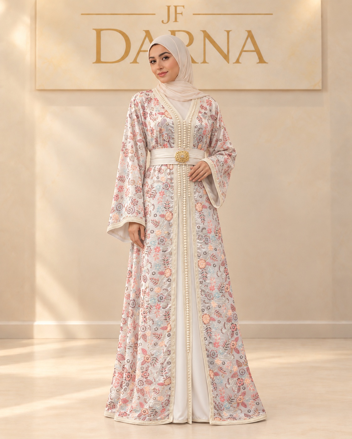 Caftan ivoire à fleurs multicolores, JF Darna
