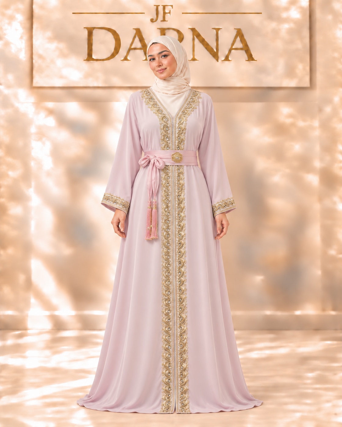 Caftan rose pâle brodé d'or, JF Darna