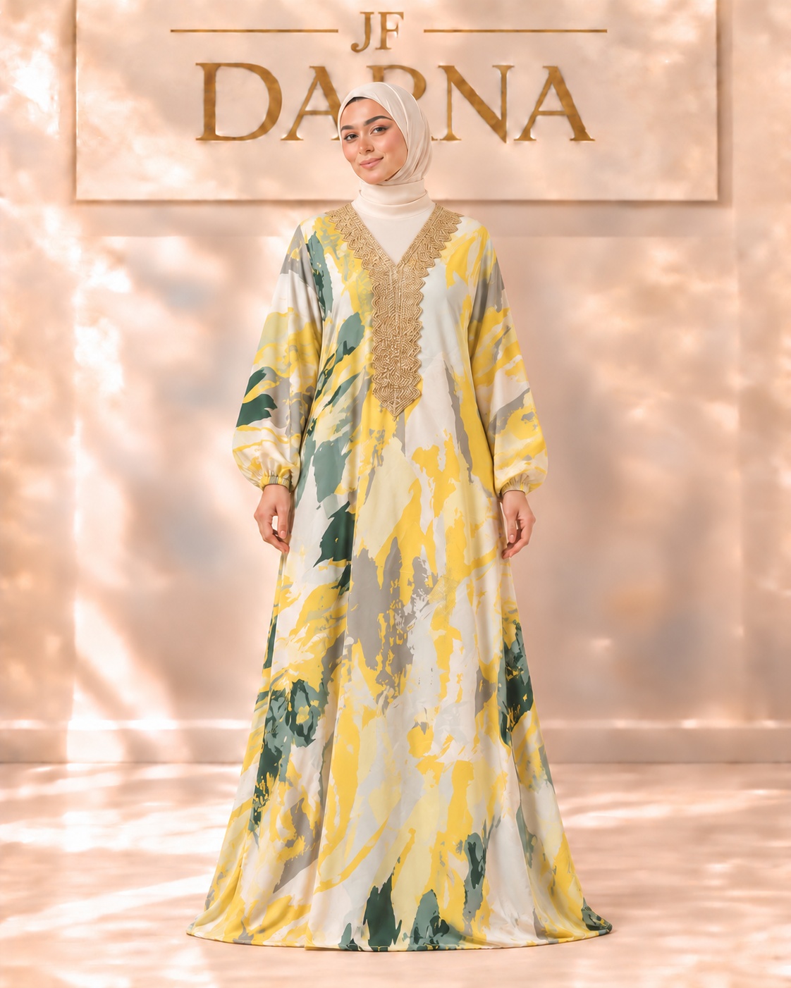Robe imprimé abstrait jaune et vert, plastron brodé doré, JF Darna