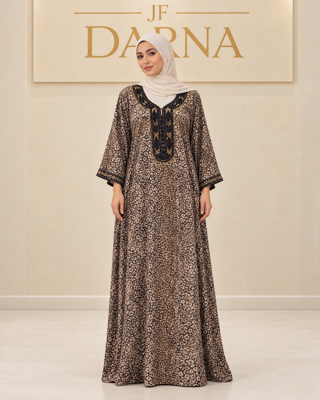 Caftan marocain brun, imprimé léopard brodé, JF Darna