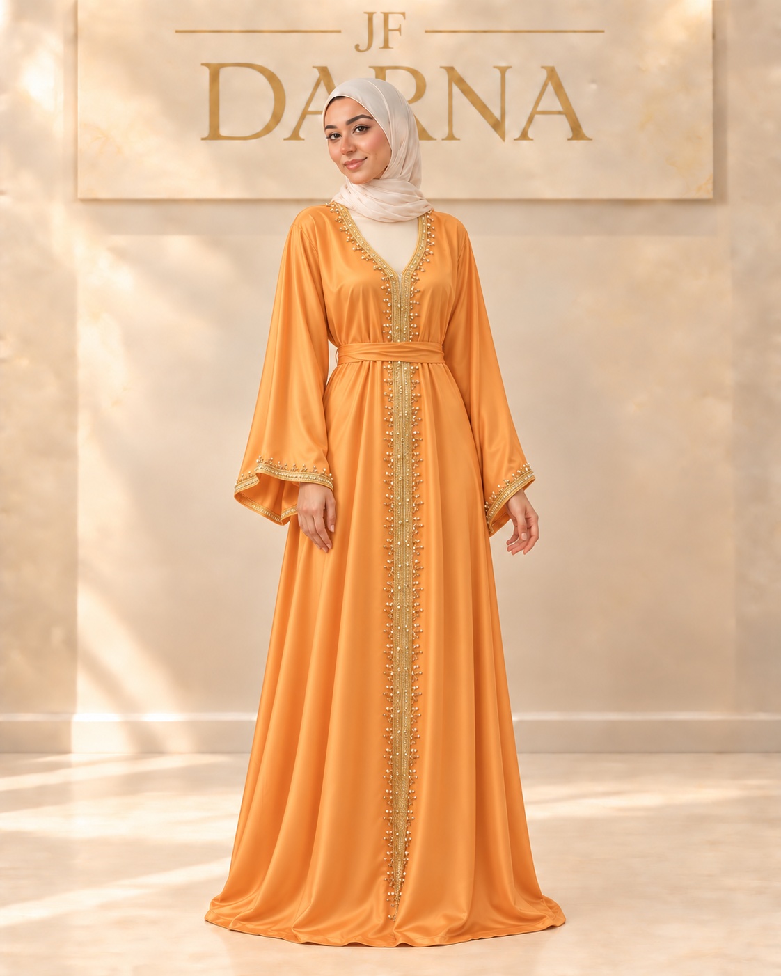 Robe satinée orange à ceinture nouée, JF Darna