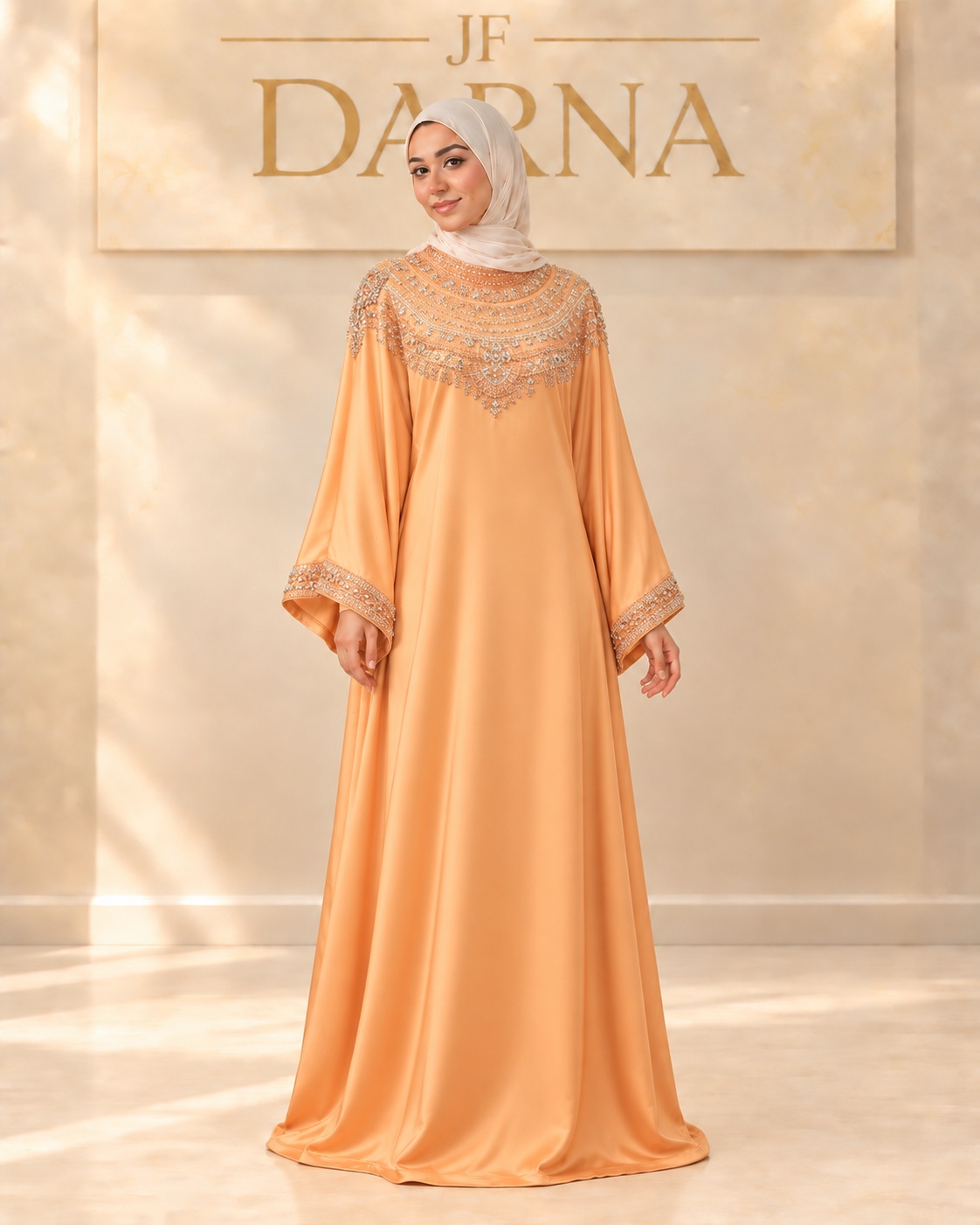 Robe satinée pêche à plastron cristallisé, JF Darna