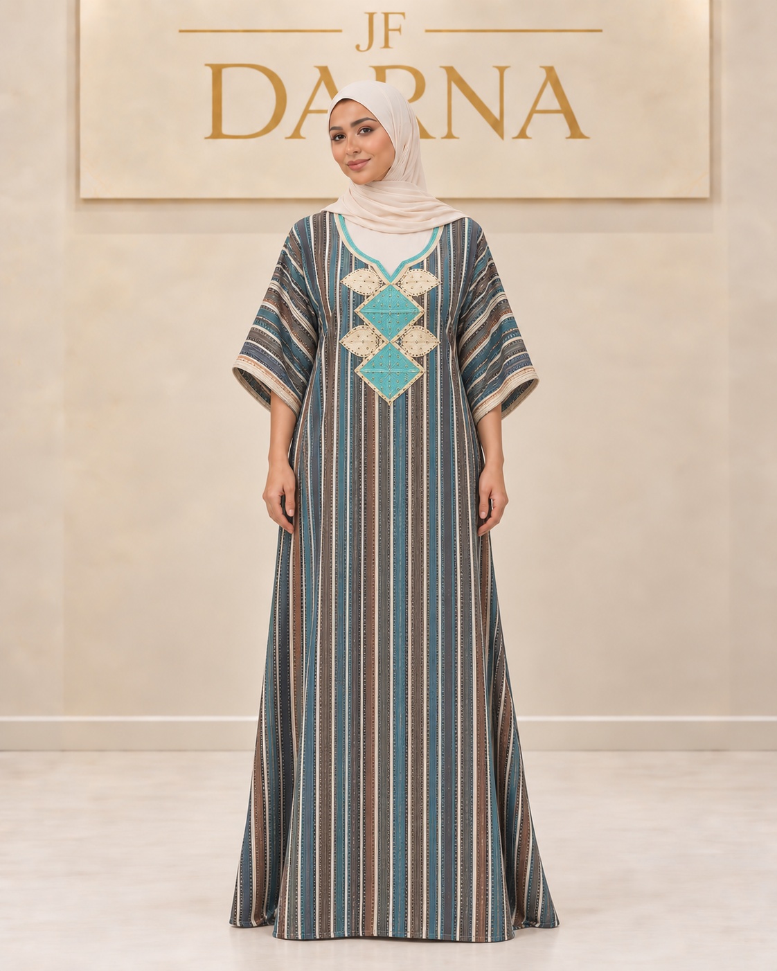 Robe rayée turquoise à applique géométrique, JF Darna