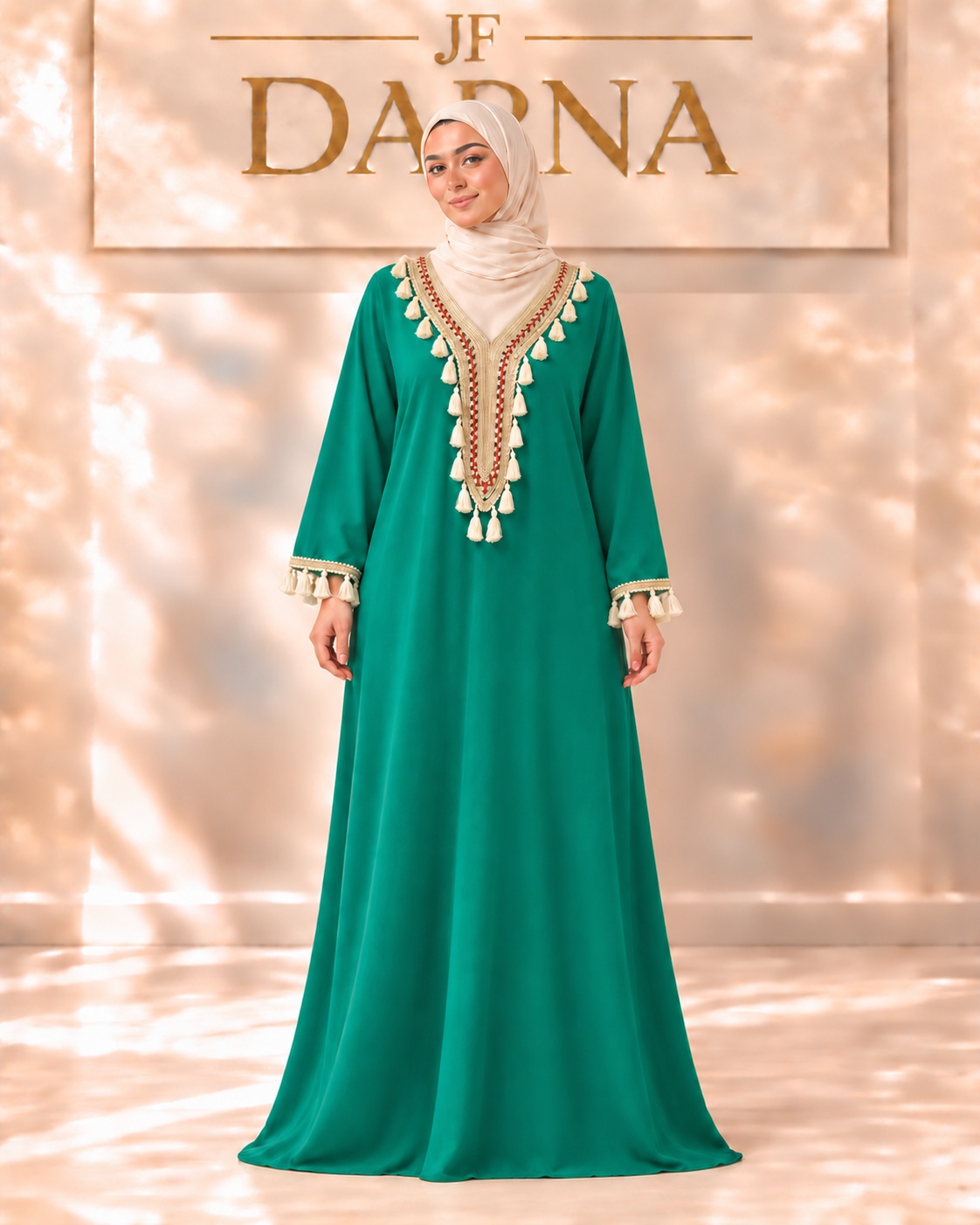 Robe vert émeraude à pompons, élégance modeste, JF Darna