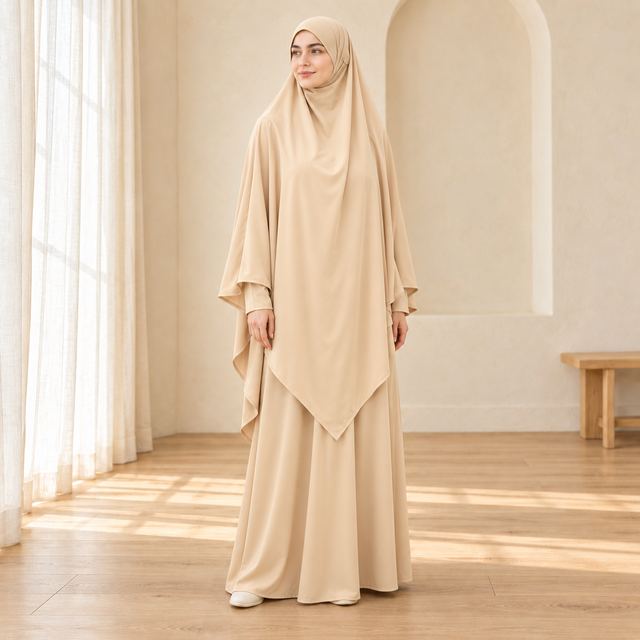Tenue beige modeste au khimar pointu