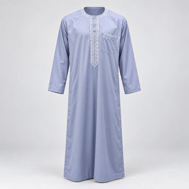 Qamis Bleu-Gris Brodé