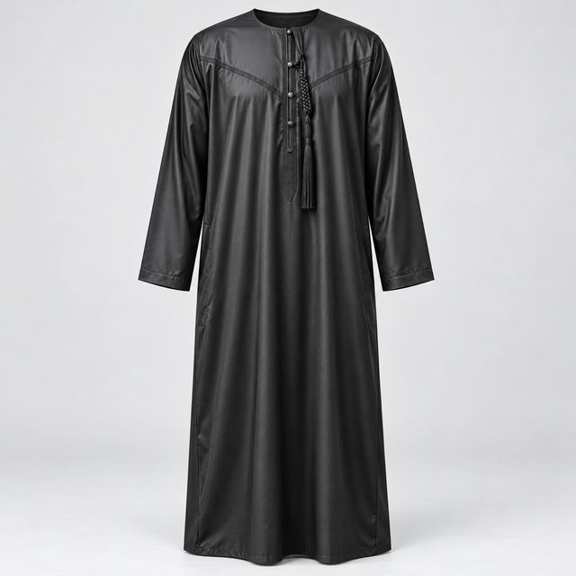 Qamis Noir satiné, plastron brodé